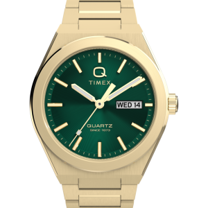 Q Timex® Continental Day and Date 39mm Stainless Steel Bracelet Watch
