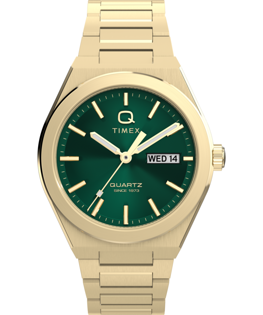Q Timex® Continental Day and Date 39mm Stainless Steel Bracelet Watch
