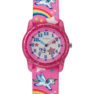 TIMEX TIME MACHINES® 29mm Rainbow Unicorn Pink Elastic Fabric Kids Watch