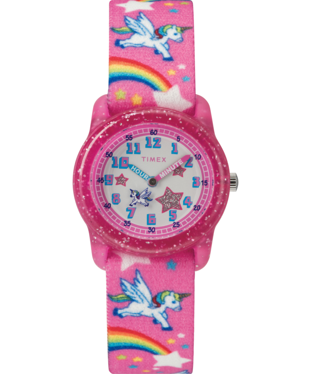 TIMEX TIME MACHINES® 29mm Rainbow Unicorn Pink Elastic Fabric Kids Watch